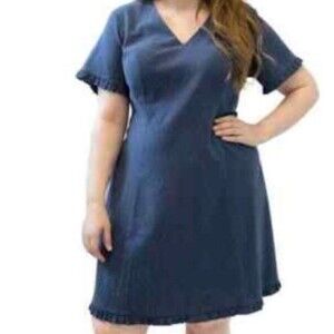 Marée Pour Tio V-Neck Ruffle Trim Short Sleeve Knee Length Dress Viscose Linen